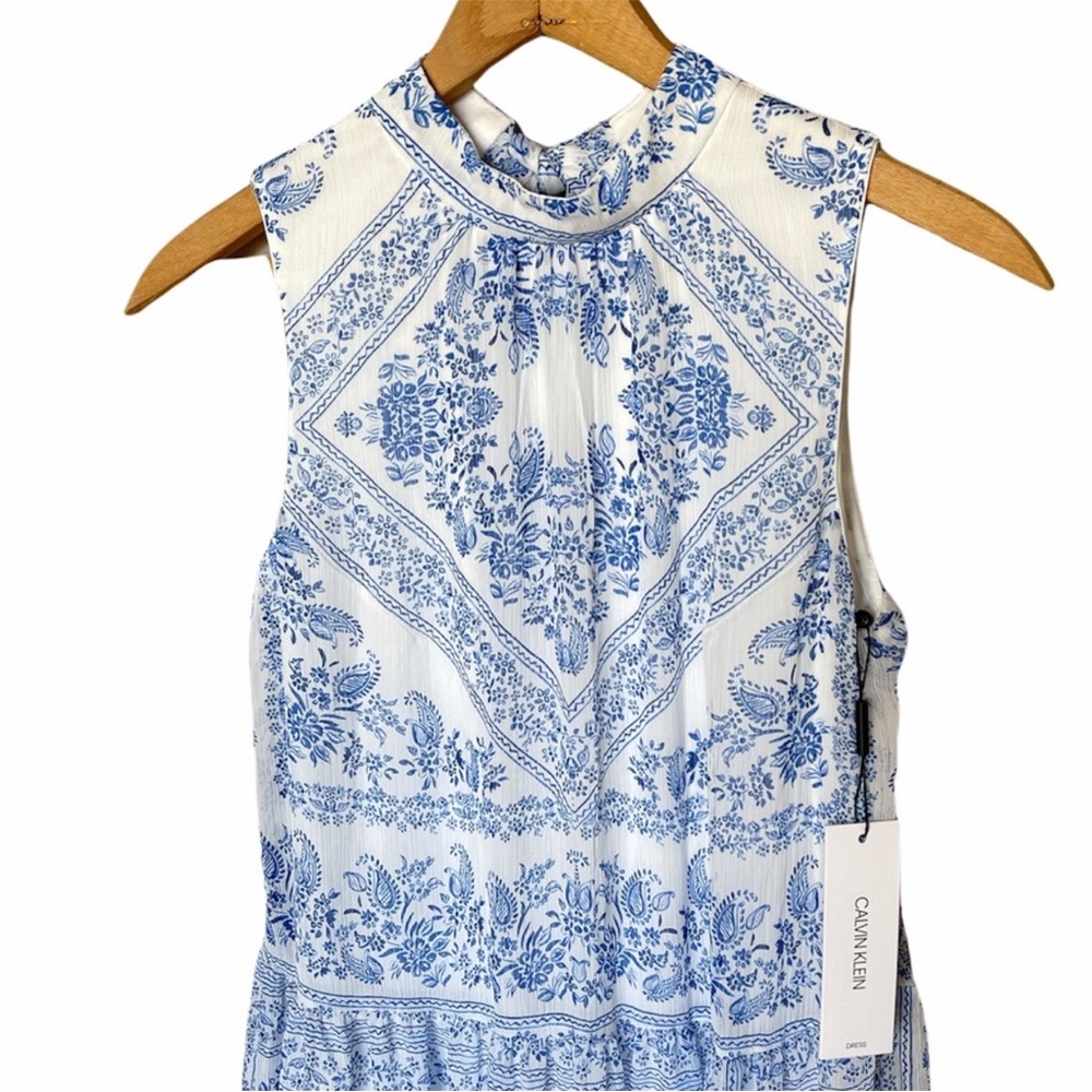 Calvin Klein mock neck tie-Blue and White Sleeveless Dress - Picture 6 of 7